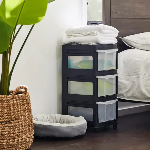 Vista 9 de Life Story Cajones clásicos de almacenamiento de plástico de 3 niveles y organizador con ruedas para uso en el hogar, dormitorio u oficina, Negro