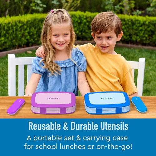 Vista 2 de Bentgo Juego de utensilios para niños, tenedor, cuchara y estuche de almacenamiento de plástico reutilizable, materiales sin BPA, asas de fácil