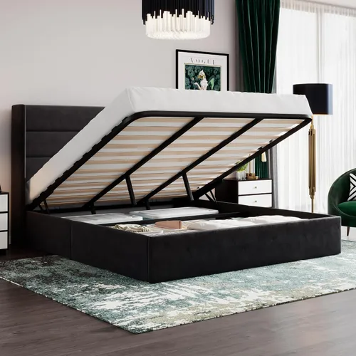 Vista 23 de SHA CERLIN Cama de Almacenamiento Elevable Tamaño Completo/Tapizada en Terciopelo/Cabecera Moderna Wingback/Marco de Cama Plataforma Negro