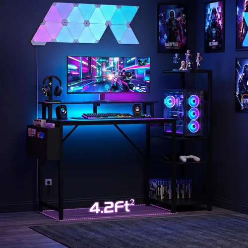 Vista 2 de Gaming Desk 43 Inch Computer Table with Storage Shelves & Monitor Stand