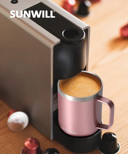 Vista 6 de SUNWILL - Taza de café de viaje con tapa, taza aislada con asa, taza de acero inoxidable de 14 oz para hielo, agua, té, color oro rosa