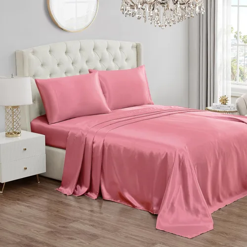 Vista 18 de Juicy Couture Juego de sábanas de satén de tamaño individual, juego de sábanas sedosas de bolsillo profundo con 1 sábana bajera, 1 sábana encimera