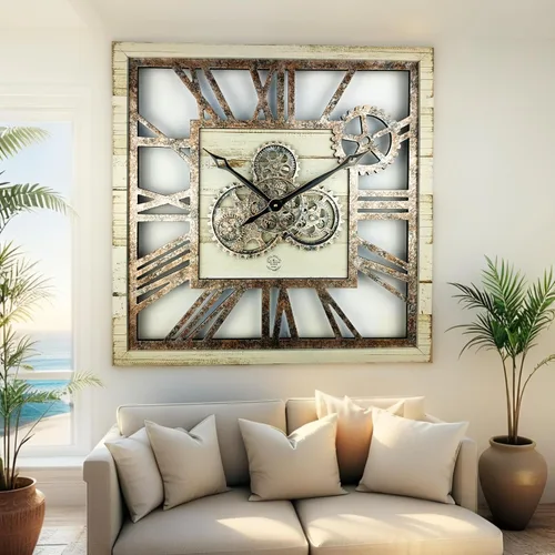 Vista 5 de ImprovingLife The Gears Clock Reloj de Pared Cuadrado de 24 Pulgadas con Engranajes Reales en Movimiento, Estilo Vintage Industrial de Gran