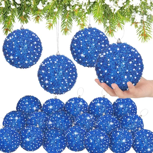 Vista 17 de Lyrow 24 piezas 3.15" Juego de adornos de bola de Navidad con purpurina, bola de espuma con lentejuelas colgante, decorativa, en masa, para árbol