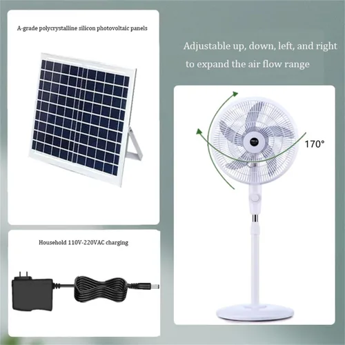 Vista 3 de Ventilador de suelo solar, ventilador de pie oscilante solar de 16 pulgadas con panel solar/cargador, ventiladores de pedestal a pilas recargables