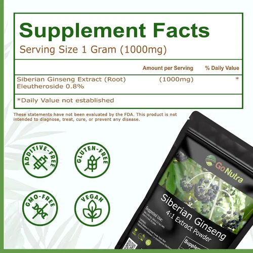 Vista 6 de Go Nutra Ginseng siberiano - Polvo de raíz de Eleuthero Extracto 4:1 4 veces más fuerte Apoya la energía y la resistencia Natural