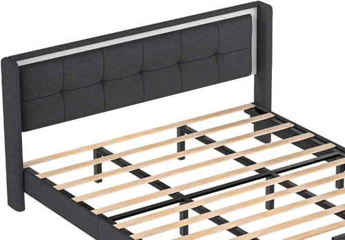 Vista 6 de Base de cama tapizada de tamaño matrimonial con cabecera de terciopelo moderna y soporte de listones de madera resistente, antideslizante, sin