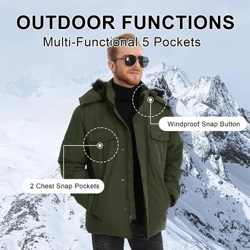 Vista 5 de CHEXPEL Abrigo de invierno para hombre, chaqueta de parka hinchada con capucha de piel, impermeable y resistente al viento, largo con forro polar