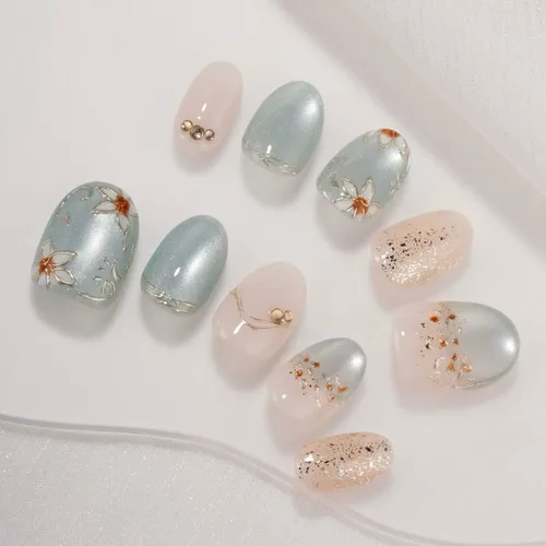 Vista 46 de Uñas postizas a presión medianas con diseño geométrico blanco almendra – 24 uñas postizas reutilizables de ABS brillante, fácil de aplicar, juego
