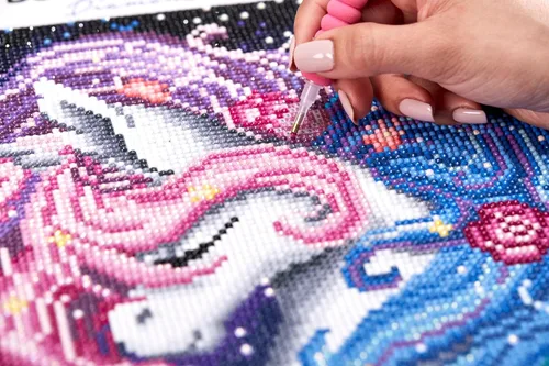 Vista 6 de DIAMOND ART CLUB Aurora The Unicorn - Kit de pintura de diamante, divertidas manualidades para adultos, lienzo de arte de diamante redondo, 13 x 13