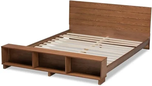 Vista 5 de Baxton Studio Regina - Cama de almacenamiento moderna de madera rústica con acabado marrón nogal y estantes integrados