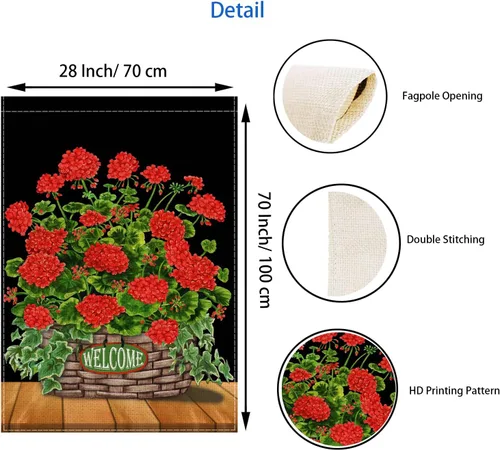 Vista 6 de Fukeen Bandera de bienvenida con flores rojas de doble cara, 28 x 40 pulgadas, fondo negro con geranio, amapola floral, hojas verdes, plantas