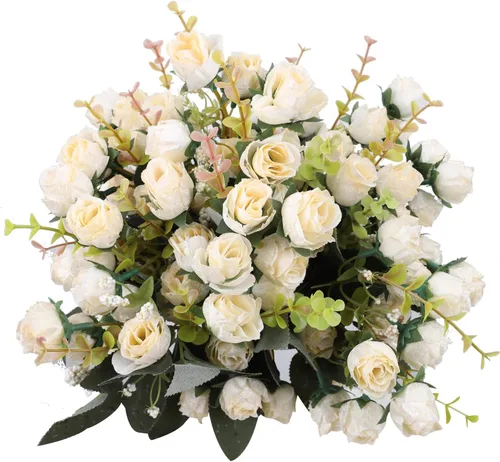 Vista 8 de Duovlo 7 ramas de 21 cabezas de rosas artificiales, ramo de flores artificiales para decoración de boda, hogar, oficina, paquete de 2