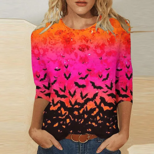 Vista 2 de Camisetas de Halloween de manga 34 para mujer, con estampado gráfico divertido, cuello redondo, blusas cómodas, informales, a la moda