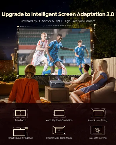 Vista 9 de [Built-in Apps/4K Support] Smart Outdoor Projector with WiFi and Bluetooth, Movie Projector, DoIby Audio with Dual Speaker, Auto Focus w