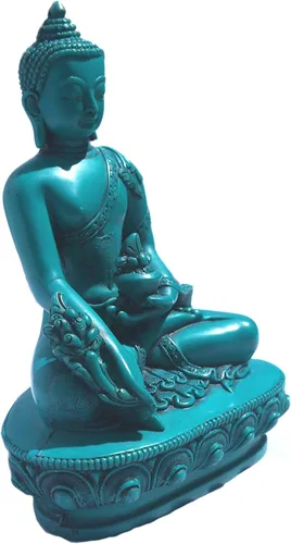 Vista 3 de mytibetshop Buda medicinal turquesa para curación y meditación por Himalayand Artisan en Nepal, 6 pulgadas de alto, Metal, turquesa