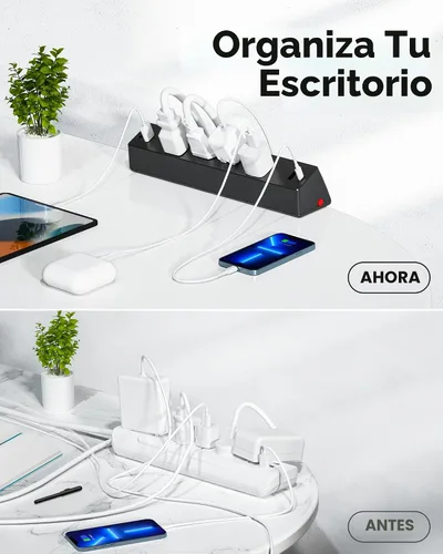 Vista 4 de Regleta de alimentación con abrazadera de escritorio, estación de carga rápida de enchufe plano, protector de sobretensiones de montaje