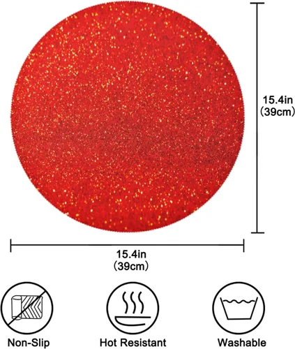 Vista 4 de Juego de 4 manteles individuales redondos de lentejuelas rojas con purpurina roja, juego de 4 manteles individuales de 15.4 pulgadas para cocina