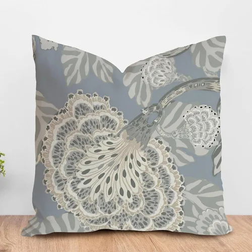 Vista 106 de ArogGeld Funda de cojín con flores verdes y blancas con flores grises y negras y hojas verdes en estilo chinoiserie, funda de almohada cuadrada