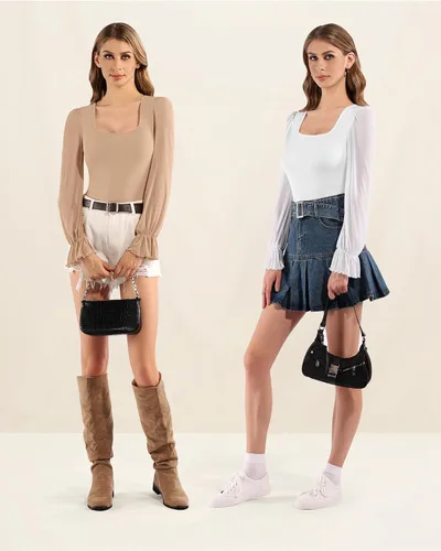 Vista 6 de MANGOPOP Long Sleeve Bodysuit for Women Square Neck & Mesh Ruffle Sleeves Casual Blouse Tops