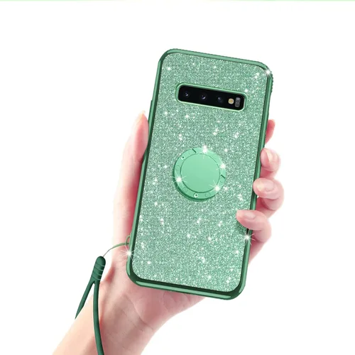 Vista 9 de Funda para S10 Plus, Galaxy S10 Plus para mujer, con purpurina, cristal suave, transparente, TPU de lujo, bonita funda protectora con correa de pie