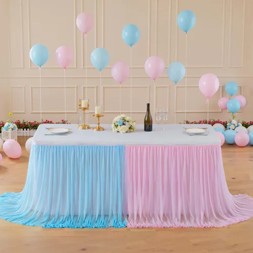 Vista 8 de Falda de mesa de revelación de género, falda tutú de tul rosa y azul de 9 pies para revelación de género para niños o niñas, fiesta de cumpleaños