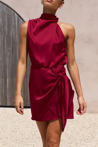 Vista 7 de PRETTYGARDEN Vestido corto formal de satén para mujer, vestido de verano sin mangas con cuello alto falso, lazo en la cintura, vestidos de fiesta