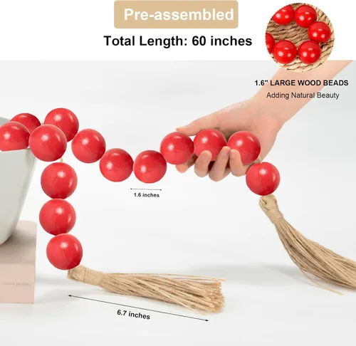 Vista 223 de OMISHE Guirnalda de cuentas de madera extra grande con cuentas de madera y borlas de 1.6 pulgadas de diámetro, cuentas decorativas rústicas de 41