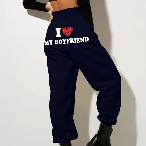 Vista 4 de I Love My Boyfriend - Pantalones deportivos a la moda, elásticos, de cintura alta, pantalones deportivos casuales de forro polar sueltos, pantalones
