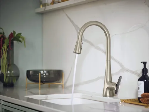 Vista 11 de Moen Sinema grifo de cocina desplegable de acero inoxidable con aumento de potencia y sistema retráctil, llave de cocina moderna de arco alto, fácil