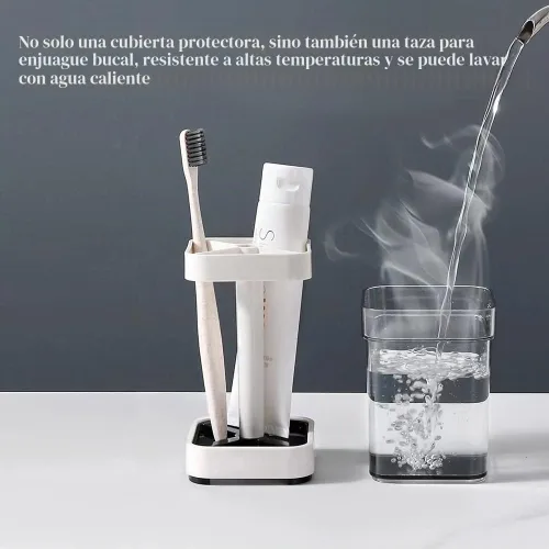 Vista 3 de El soporte para cepillos de dientes con taza/cubierta contiene 3 ranuras, compatible con cepillos de dientes convencionales, puede almacenar pasta