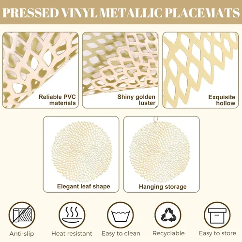Vista 3 de Sieral 24 manteles individuales de vinilo redondos a granel de 15 pulgadas con diseño de hojas huecas metálicas, platos de carga prensados