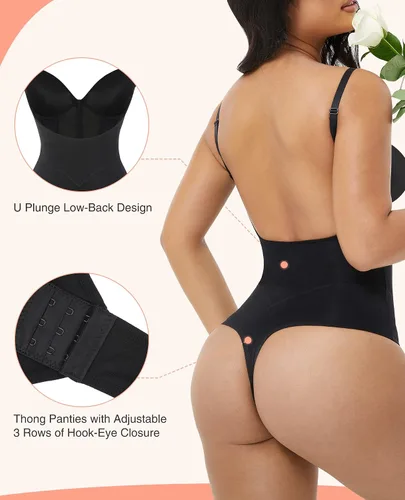 Vista 2 de FeelinGirl Body moldeador de tanga para mujer, con control de abdomen, cuello en V, de malla, parte superior delgada, sin espalda, moldeador