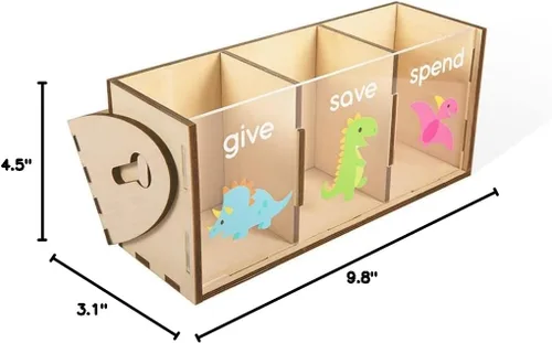 Vista 7 de Give Save Gastar Kids Teach Money Bank Nombre personalizado con dinosaurios o unicornio Banco de enseñanza para niños Caja de ahorros personalizada