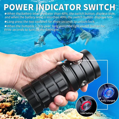 Vista 6 de TS Pro - Linterna de buceo, 25000 lúmenes, luz de video subacuática de 328.1 ft, luz de buceo, con carga tipo C para deportes profesionales al aire