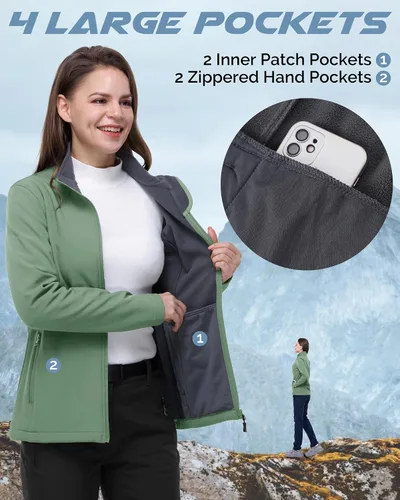 Vista 4 de 33,000ft Chaqueta ligera Softshell para mujer, con forro polar, rompevientos, impermeable, cálida para correr, golf, senderismo