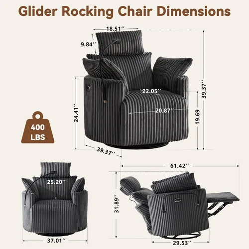 Vista 2 de FOXHUNTER Mecedora mecedora Power Glider, mecedora giratoria de 360°, con puerto de carga USB y soporte para teléfono, reposapiés, para sala