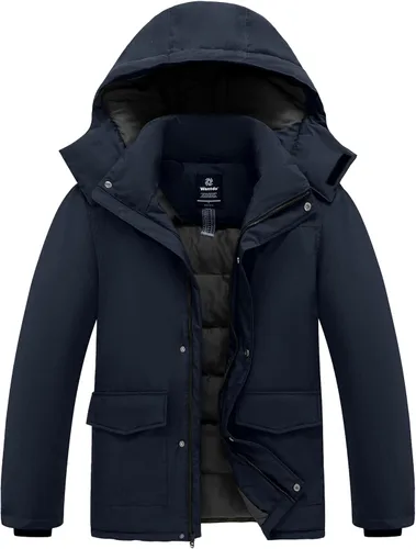 Vista 7 de Wantdo - Abrigo de invierno acolchado para hombre, chaqueta parka con capucha y forro