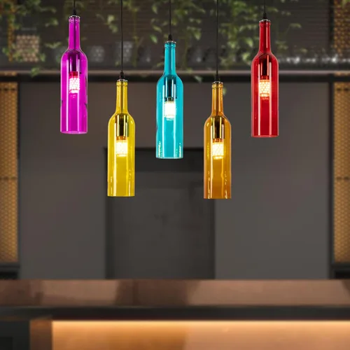 Vista 9 de Lámpara de techo industrial retro creativa con 5 luces para botella de vidrio, iluminación colgante de botella de vino de colores para cafetería
