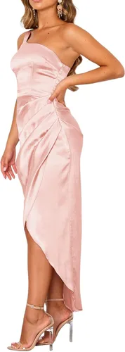 Vista 3 de Vrtige Vestido midi de satén de satén con un hombro descubierto, fruncido, sin mangas, dobladillo cruzado, para cóctel