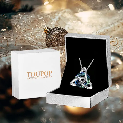 Vista 4 de TOUPOP Regalos irlandeses para mujer, collar de nudo celta de plata de ley con nudo de cristal de la Trinidad para niñas, para cumpleaños, fiestas