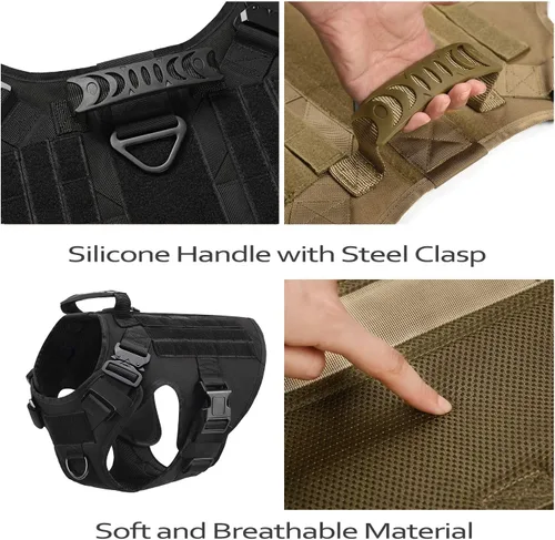 Vista 2 de Arnés táctico para perro con asa, chaleco Molle de entrenamiento militar con hebillas de metal y paneles de bucle, correa elástica para perro