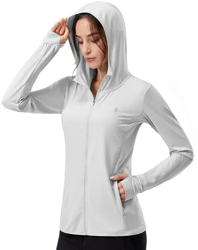 Vista 11 de Soothfeel Chaqueta con capucha y protección solar UPF 50+ para mujer, ligera, de manga larga, con bolsillo, para senderismo al aire libre d-celeste