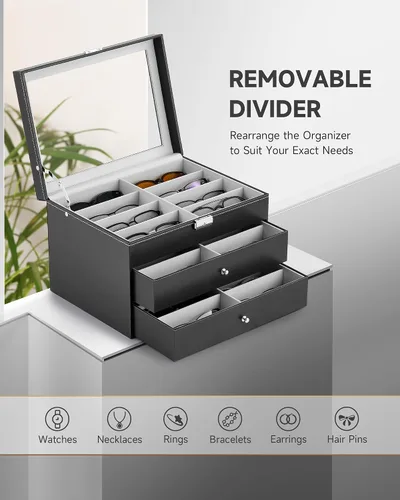Vista 3 de CO-Z Sunglasses Organizer, Leather Eyeglasses Storage Box for Women Men, Lockable Sunglass Display Case Holder with Drawer
