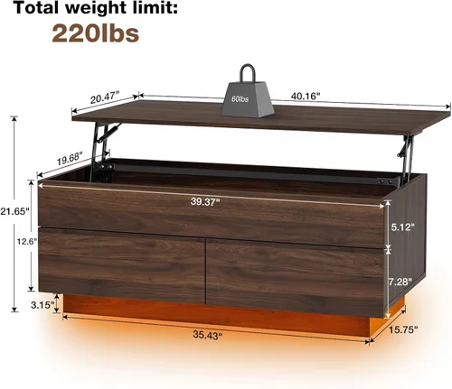 Vista 2 de HOMMPA Mesa de centro moderna con tapa elevable con almacenamiento para sala de estar, mesa de centro LED, mesa de comedor de madera con 2 cajones