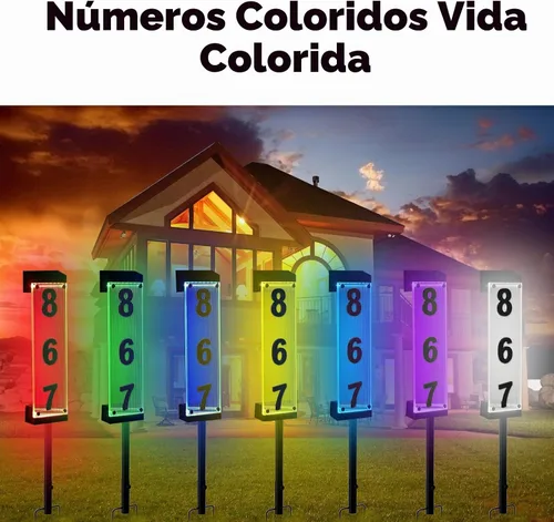 Vista 2 de Número solar de casa, número de dirección solar con número acrílico 3D, estacas de hierro, luz colorida, control remoto, señal de dirección moderna