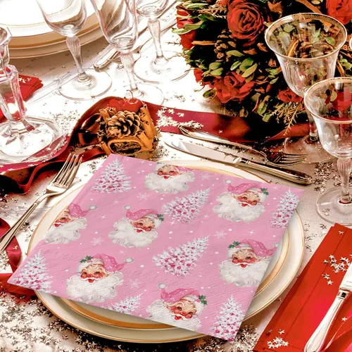 Vista 5 de Paquete de 80 servilletas desechables de Navidad de Papá Noel y árbol de Navidad, servilletas desechables de papel de Navidad para Navidad Santa Rosa