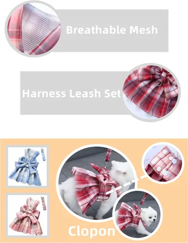 Vista 4 de Ropa para perro, arnés y vestido, paquete de vestidos Yorkie para niña, vestido rosa, trajes azules, lindo juego de correa, talla XS