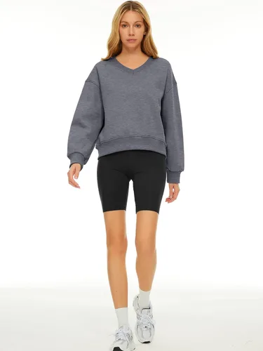 Vista 6 de AUTOMET Sudadera corta de manga larga para mujer, de forro polar, cuello en V