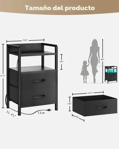 Vista 3 de Lazzanto Mesita de noche para dormitorio, mesita de noche con estación de carga y tira de luz LED, mesita de noche con estante de almacenamiento y 2